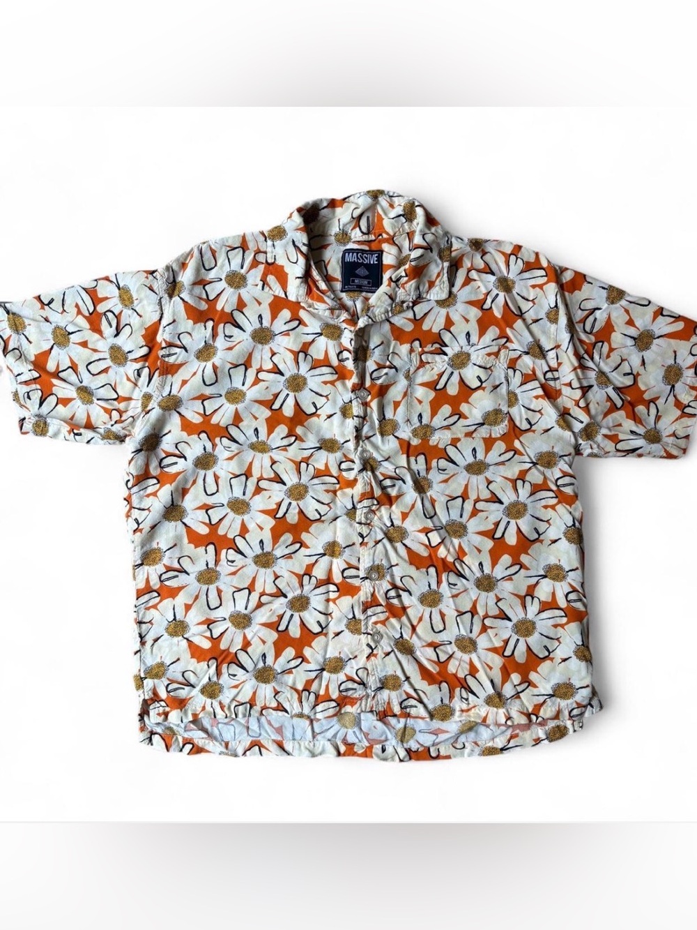 Super Massive Orange Daisy Floral Button Down Shirt - Size Medium